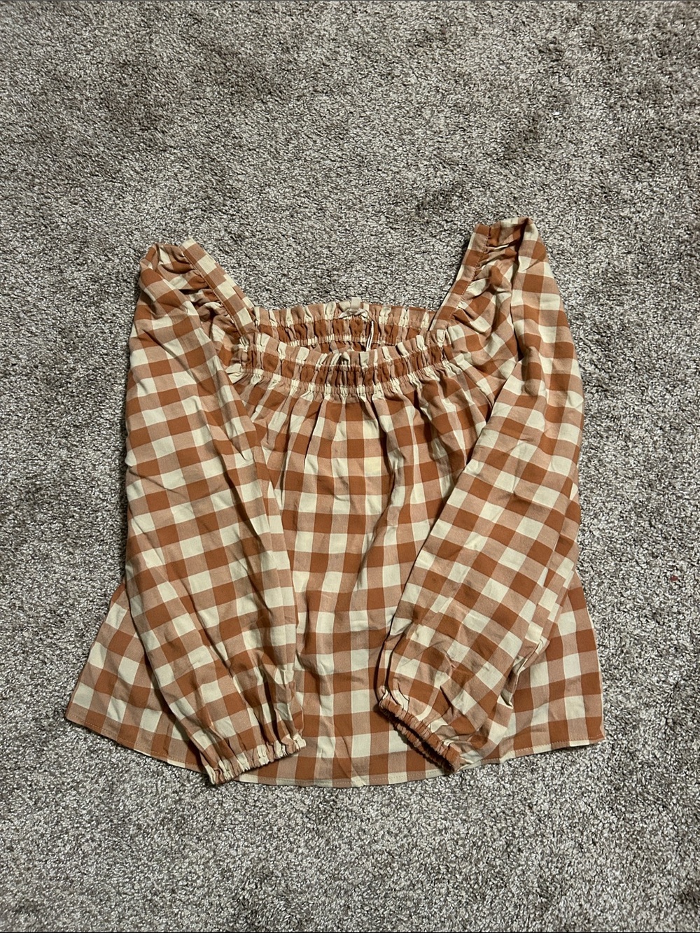 JODIFL Tan and Cream Gingham Off-Shoulder Long Sleeve Top